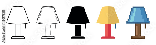 Set of five table lamps shows a design evolution from simple outline and sketch to silhouette, flat cartoon, and pixel art styles, representing different graphic illustrations