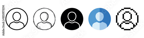 Set of five user profile icons in various graphic styles including line art, hand-drawn sketch, solid glyph, modern flat design, and retro 8-bit pixel art