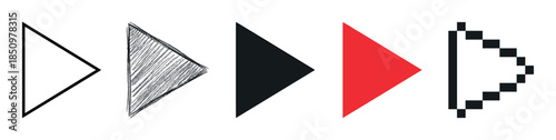 Collection of five triangular play button icons presented in a row, showcasing different graphic styles like outline, hand-drawn sketch, solid fill, and retro pixel art
