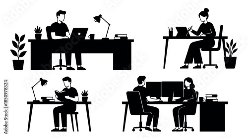 Set of black silhouette vector illustrations showing people working and studying at desks with laptops, computers, and books in modern minimalist office and home workplace scenarios