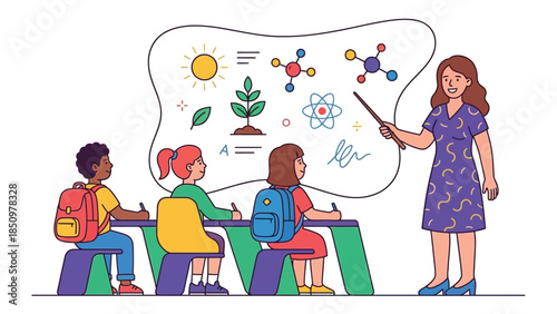 Children learning science in a classroom with teacher.