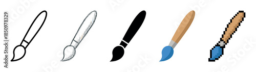 Five artist paintbrush icons in various styles including line art, sketch, silhouette, flat vector, and pixel art illustration for graphic design