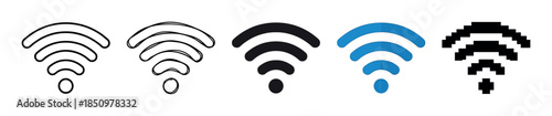 Set of five wireless signal icons showcasing various design styles including thin line, hand-drawn, solid black, flat blue, and pixelated 8-bit for user interface elements