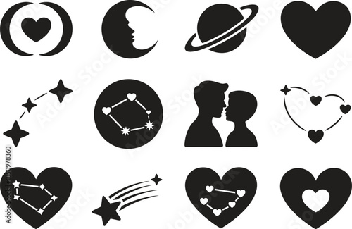 Love and Astrology Silhouette Icons, Hearts Moon Stars Zodiac Romance, Vector Design