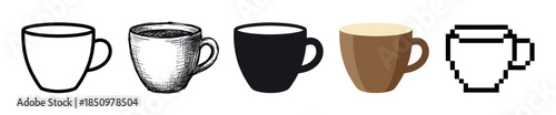 Collection of five coffee mugs illustrated in various artistic styles from simple outline and sketch to flat design, silhouette, and retro pixel art for a graphic design concept