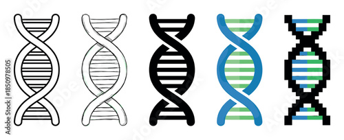 Collection of five DNA helix symbols displayed in different graphic design styles, from a simple line art and sketch to a solid silhouette, flat vector, and pixelated icon