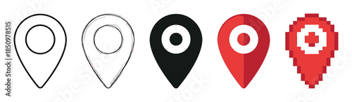 Set of five location pin icons showing different design styles from simple outline and sketch to solid black, modern red flat design, and retro 8-bit pixel art for navigation