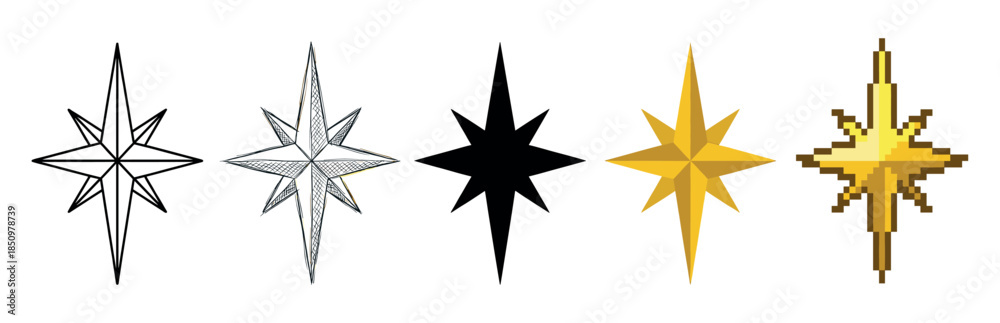 Fototapeta premium Collection of five Christmas nativity stars in various artistic styles including line art, sketch, silhouette, flat vector, and pixel art for religious holiday decoration