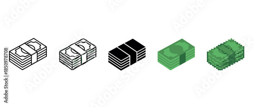 Set of five money stack icons in various graphic design styles including line art, sketch, silhouette, flat color illustration, and retro 8-bit pixel art