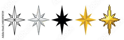 Collection of five Christmas nativity stars in various artistic styles including line art, sketch, silhouette, flat vector, and pixel art for religious holiday decoration