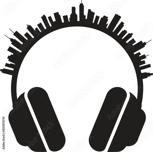 City Skyline Headphones Silhouette Illustration, Urban Music Concept, Modern Audio Vector Design
