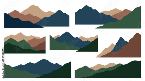 Collection of minimalist mountain range silhouettes in an earthy color palette, featuring layered peaks and hills in a simple, flat vector illustration style for design elements