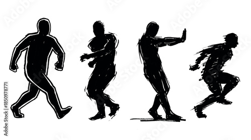 Four black ink sketch style male silhouettes in various dynamic action poses like walking, pushing, and running, depicted with rough, energetic brush strokes