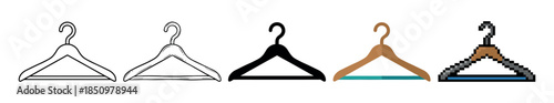 Clothes hanger icon set showing different artistic styles from simple outline and hand-drawn sketch to solid silhouette, flat design, and retro pixel art