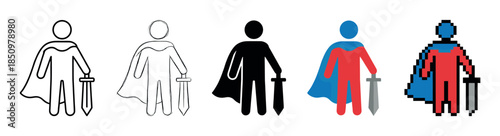 Five hero warrior pictogram icons holding a sword and wearing a cape, shown in a collection of styles from simple outline and silhouette to flat color and 8-bit pixel art
