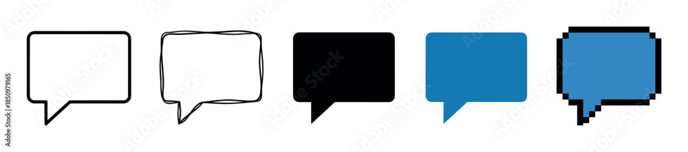 Fototapeta premium Collection of five speech bubble icons in a row, featuring clean outline, hand-drawn doodle, solid color fill, and a retro 8-bit pixelated design for messaging