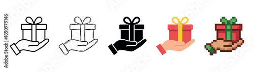 Set of five gift box icons held in a hand, showing different artistic styles from line art and sketch to flat color and pixel art for various design concepts