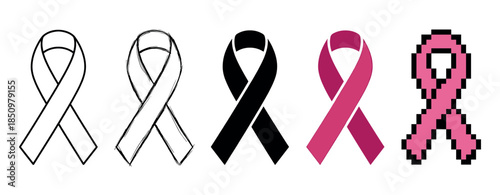 Set of five pink awareness ribbons in various graphic styles, including outline, hand-drawn sketch, solid silhouette, flat color, and pixel art for a health campaign