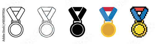 Set of five award medal vector icons showing different graphic styles like outline, hand-drawn sketch, solid silhouette, flat design, and 8-bit pixel art