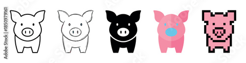 Collection of five cute pig icons presented in various graphic styles, from simple line art and sketch to a solid silhouette, flat design, and retro pixel art