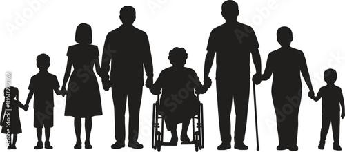 Inclusive Family Silhouette Illustration, Parents Children and Wheelchair Representation, Diversity Vector Design