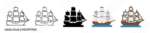 Collection of five historical sailing ship icons presented in various graphic styles like outline, silhouette, flat color vector, and retro 8-bit pixel art