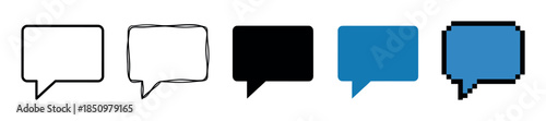 Collection of five speech bubble icons in a row, featuring clean outline, hand-drawn doodle, solid color fill, and a retro 8-bit pixelated design for messaging