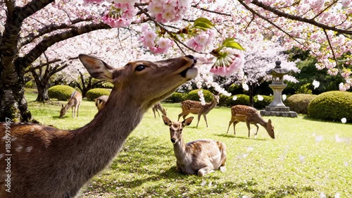 Deer Smelling Cherry Blossoms in Nara Park, Japan