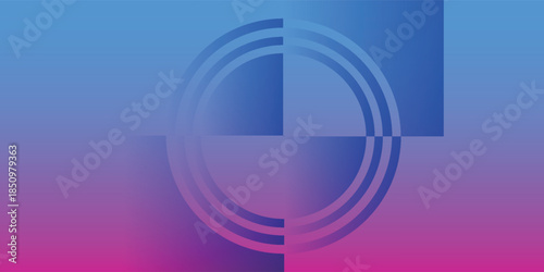 Vibrant abstract geometric pattern with a central split circle and concentric rings on a blue and pink gradient background.