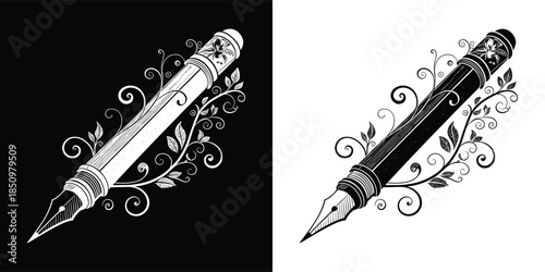 Elegant fountain pen illustration with floral accents, presented in contrasting black and white versions isolated on white background