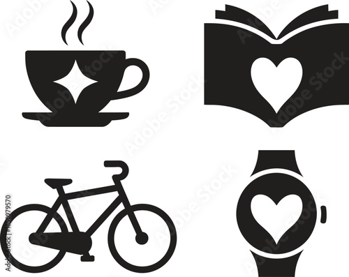 Romantic Lifestyle Icons Set, Coffee Cup Book Bicycle Watch with Heart Symbols, Flat Vector Illustration