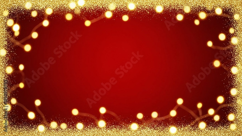 Festive red background with golden string lights and glitter border decoration