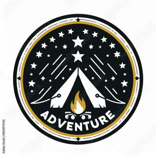 Adventure Camping Tent Under Starry Sky with Campfire Logo.