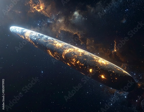 A long, rod-shaped interstellar object drifting in the pitch-black darkness of space