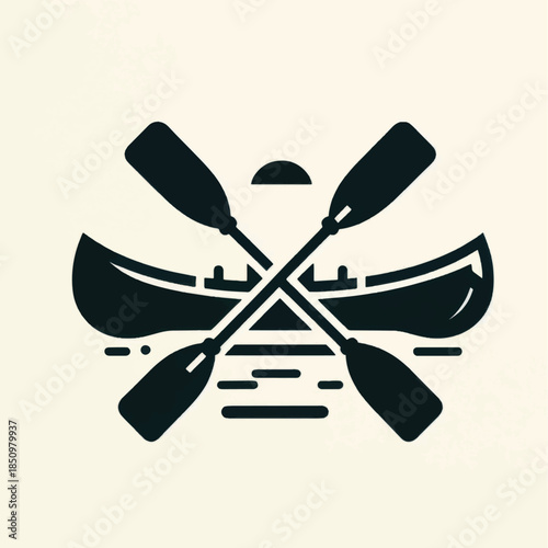 Canoe and crossed paddles outdoor adventure logo.