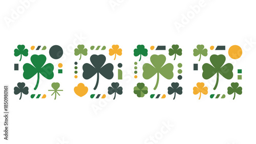 Decorative horizontal strip featuring various green shamrock patterns and geometric shapes