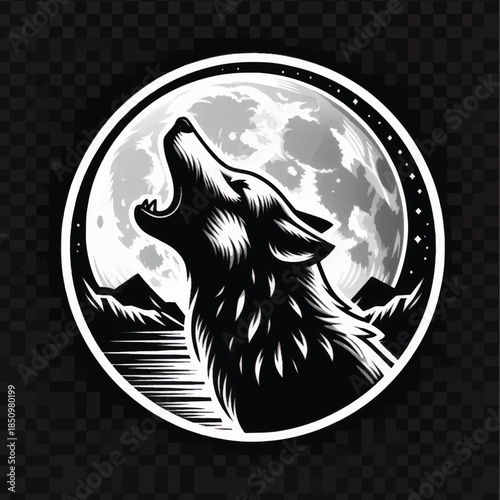 Howling Wolf Silhouette Against a Full Moon in a Circular Frame.