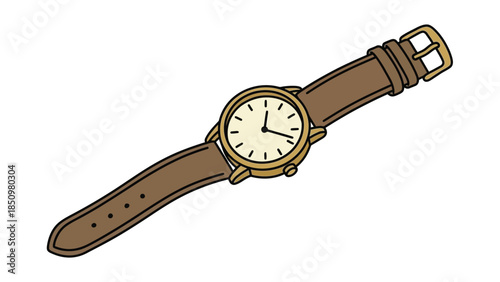 Classic Wristwatch with Brown Leather Strap and Gold Casing.
