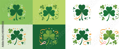 Eight vibrant shamrock illustrations with glitter, ribbons, and confetti on light green and white backgrounds