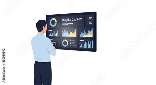 Man Analyzing Digital Analytics Dashboard on Large Screen