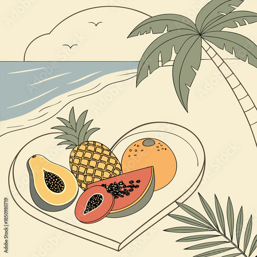 Tropical beach scene with palm tree calm ocean waves and a heart shaped platter full of fresh fruits like pineapple papaya and orange symbolizing vacation