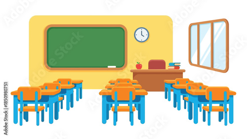 Classroom Interior with Desks and Teachers Desk.