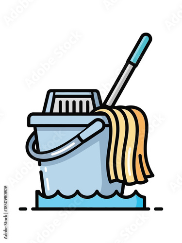Cleaning bucket with mop and water illustration.