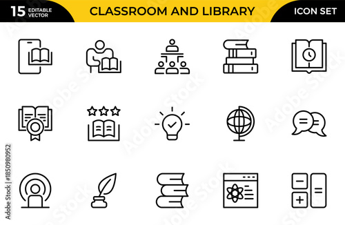 Classroom and Library line icon set. Quiet area badge, library tag, group study file, classroom environment board, study room chart. Thin outline icons pack. Vector illustration