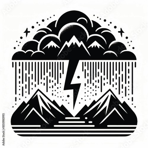 Stormy Mountain Landscape with Lightning and Rain Illustration.