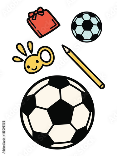 Collection of soccer balls and school supplies.