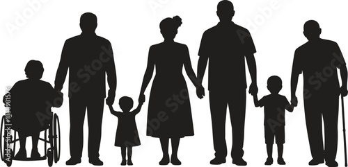 Happy family silhouette with parents children and wheelchair member isolated on white background vector illustration