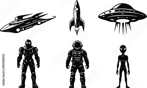 Alien and Space Exploration Black Silhouette Icon Set.