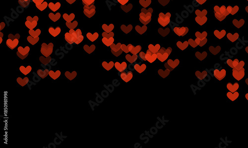 Romantic red valentine hearts glowing on black background for love themed design.