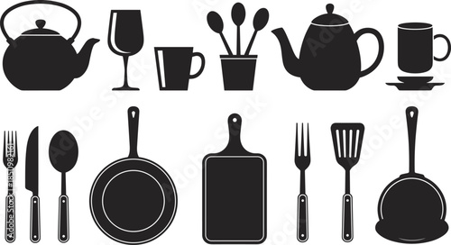 Kitchen utensils and cookware silhouette icon set featuring teapots, cups, cutlery, pans, spatulas, cutting boards for cooking, dining, and restaurant design